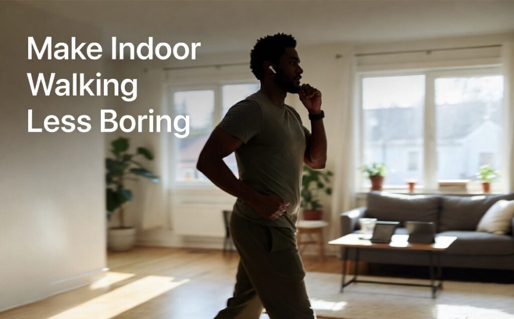 Indoor walking workout at home in a modern living room.