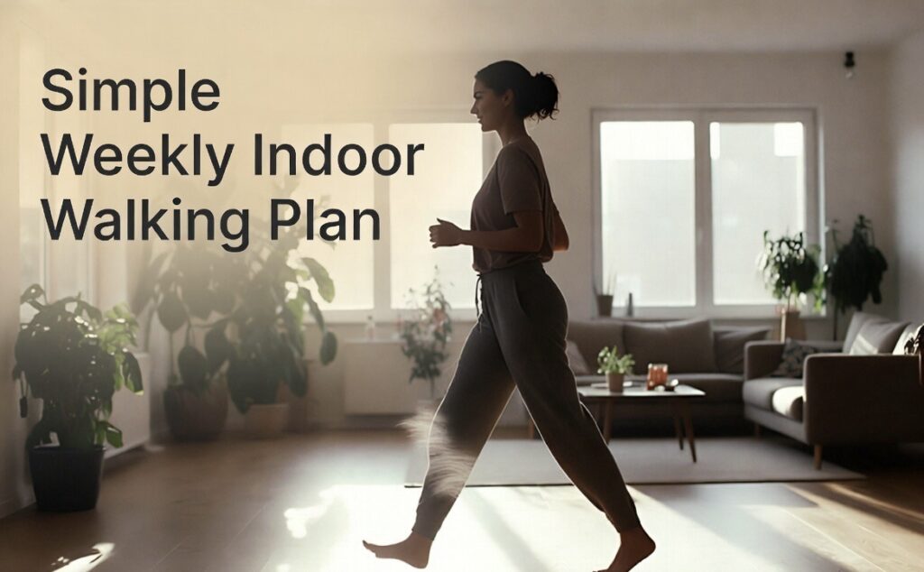 Person following a simple indoor walking workout routine at home.