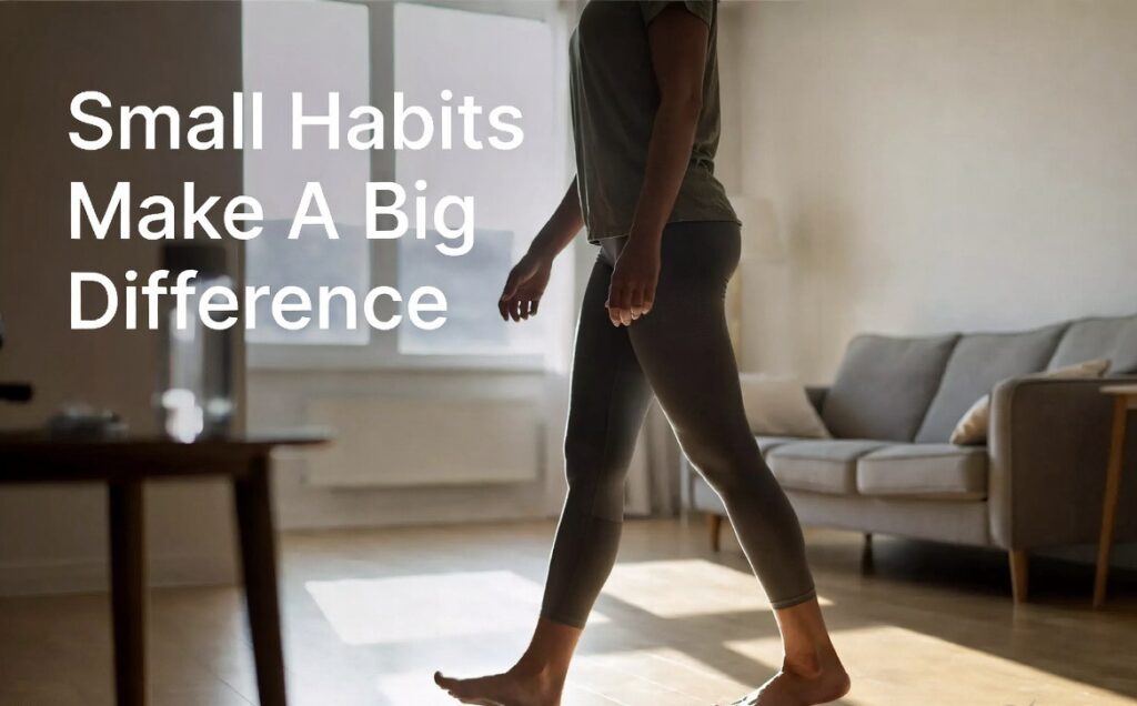 Person doing a relaxed indoor walking workout with proper posture at home.