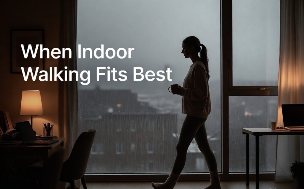 Person walking indoors in a cozy apartment during a rainy day.