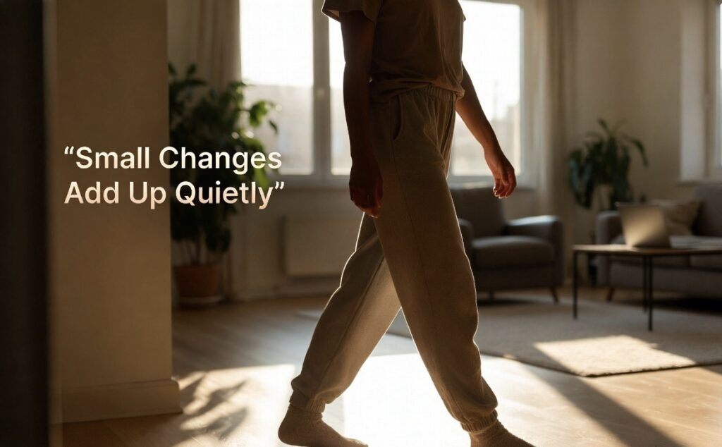 Person walking indoors at home with a relaxed and refreshed feeling.