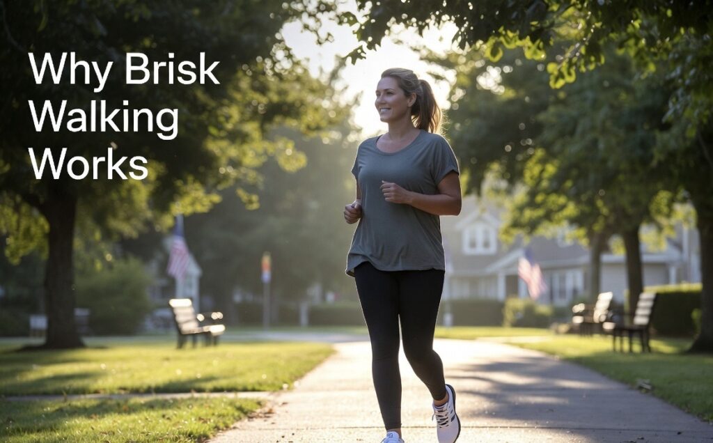 Person brisk walking on peaceful park trail