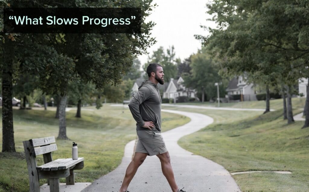 Person reflecting during brisk walking routine