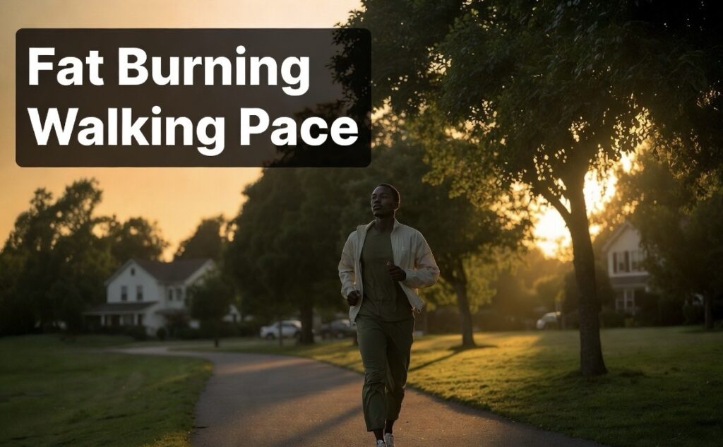 Brisk walking in park at fat burning pace in morning light