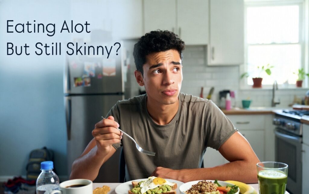 Slim person eating enough food in a modern kitchen but still looking skinny and confused