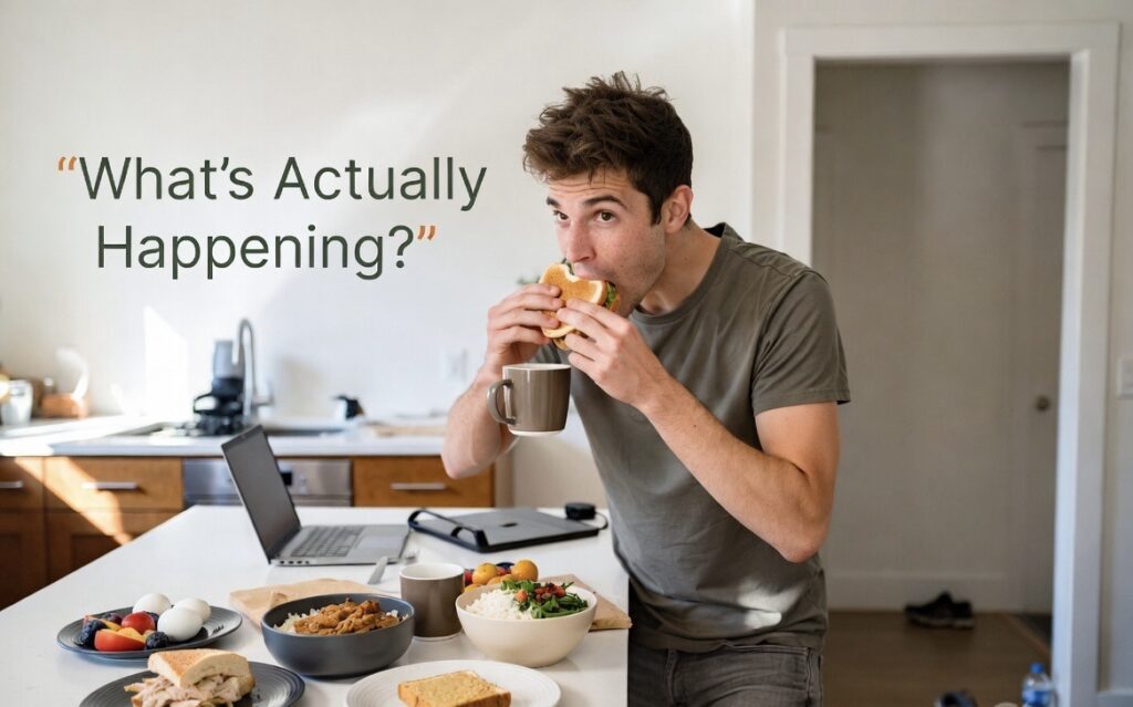 Slim person eating a full meal but still looking skinny in a modern kitchen
