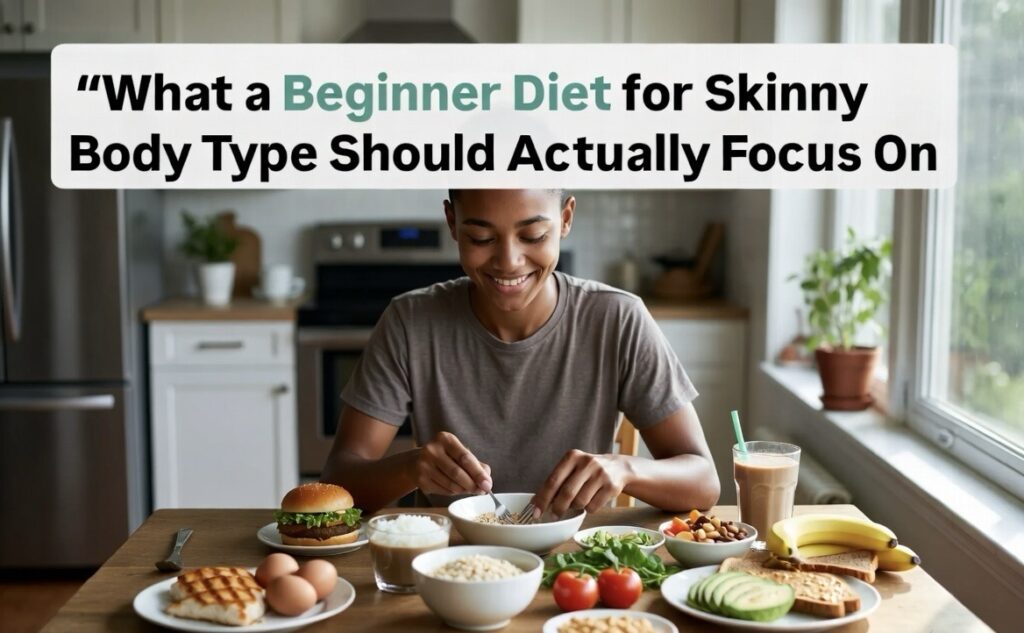 Skinny person eating balanced healthy meals indoors