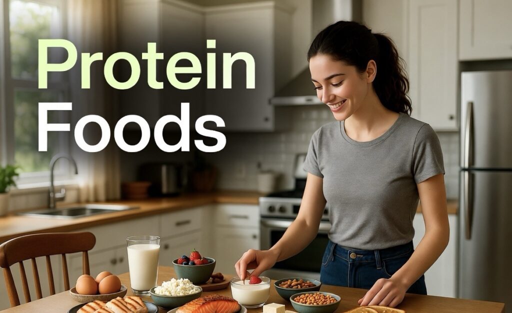 Protein-rich foods on healthy meal table