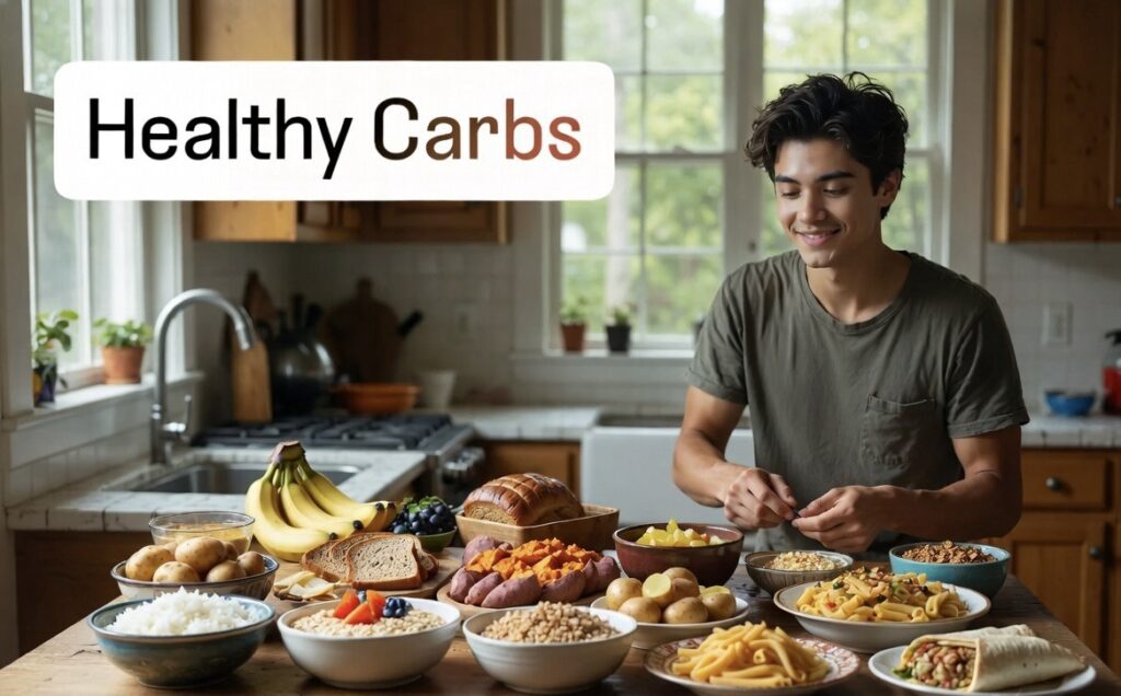 Healthy carb foods arranged on meal table