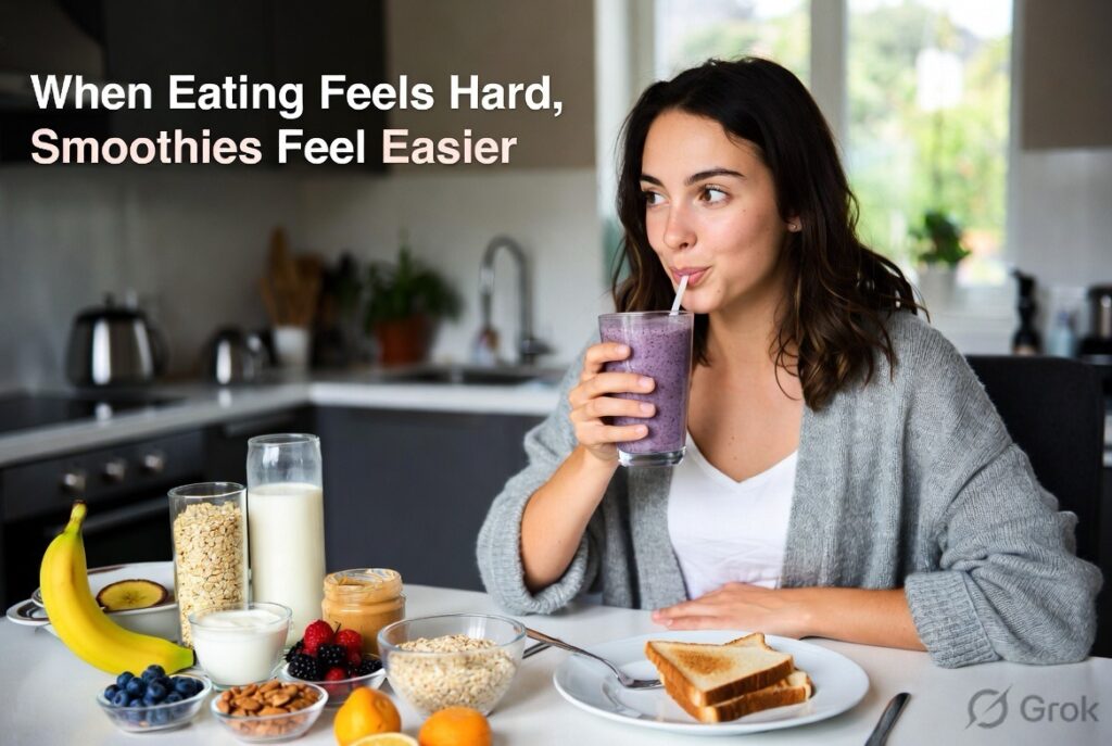 Low appetite person drinking healthy smoothie indoors