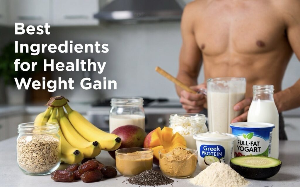Healthy weight gain smoothie ingredients on kitchen counter