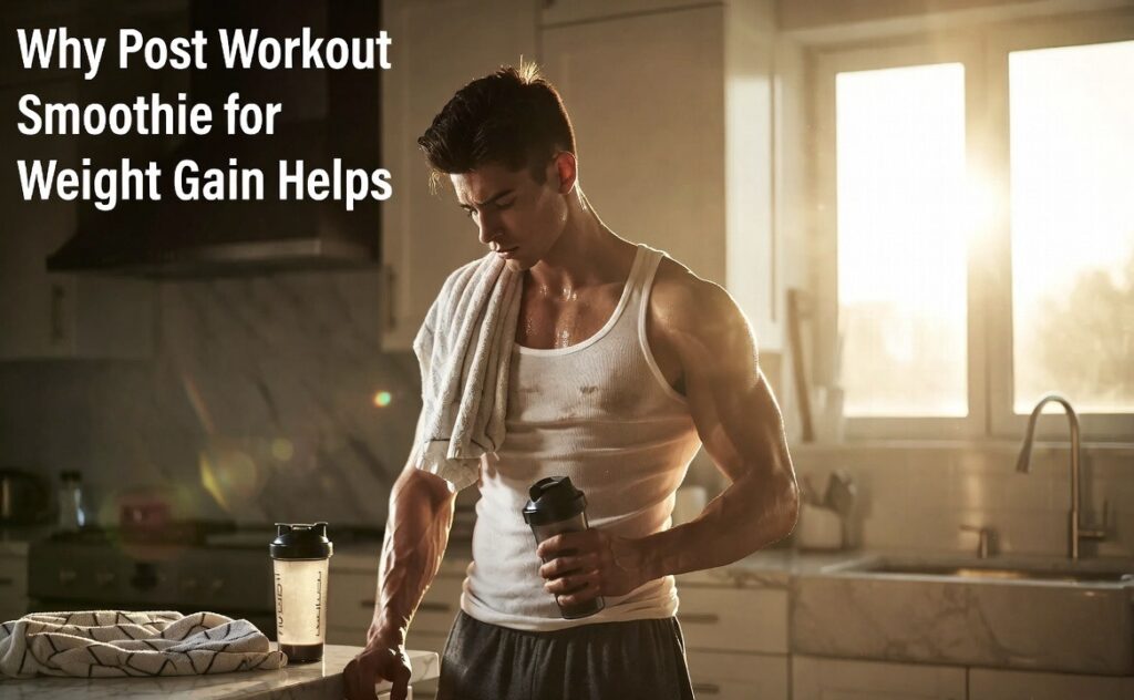 Young man post workout smoothie kitchen fitness