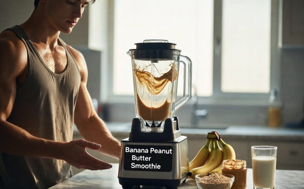 Male making banana peanut butter smoothie kitchen