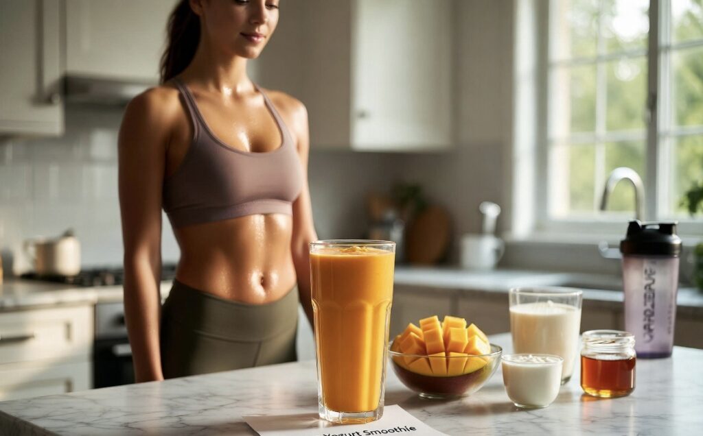 making mango yogurt smoothie kitchen scene