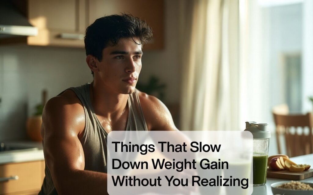 Male reflecting weight gain nutrition mistakes kitchen