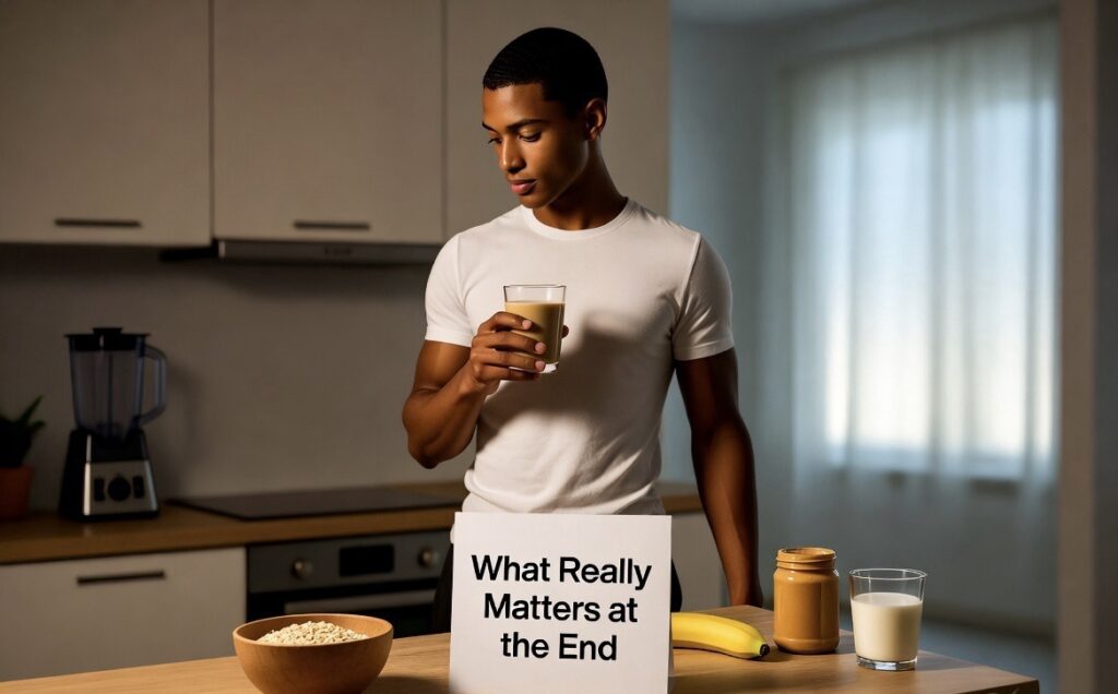 Male reflecting fitness journey calm kitchen scene