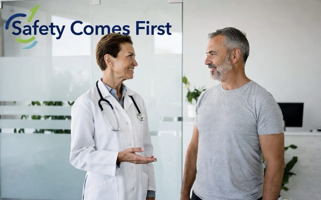 Doctor discussing supplement safety and fitness goals after 40