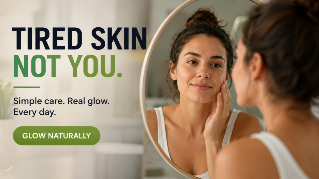 Woman looking at her reflection in a bathroom mirror with healthy glowing skin, skincare routine concept, tired skin solution, natural glow, anti-aging skincare, daily skin care for radiant complexion.