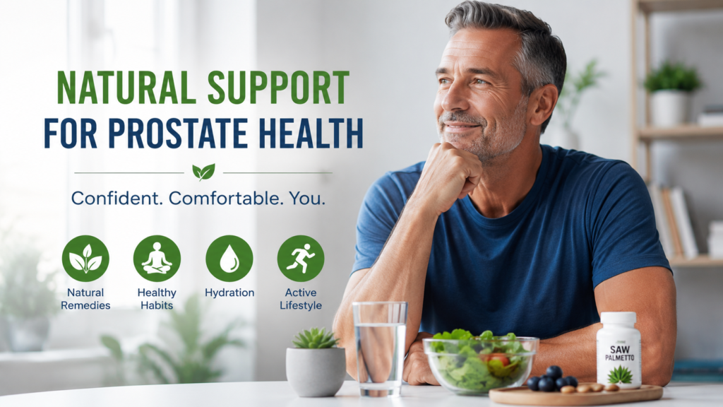 Natural prostate health support for men over 40 with healthy lifestyle, balanced diet, hydration and metabolism wellness concept in a modern home setting