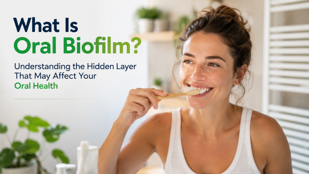 Dentist explaining oral biofilm during dental checkup
