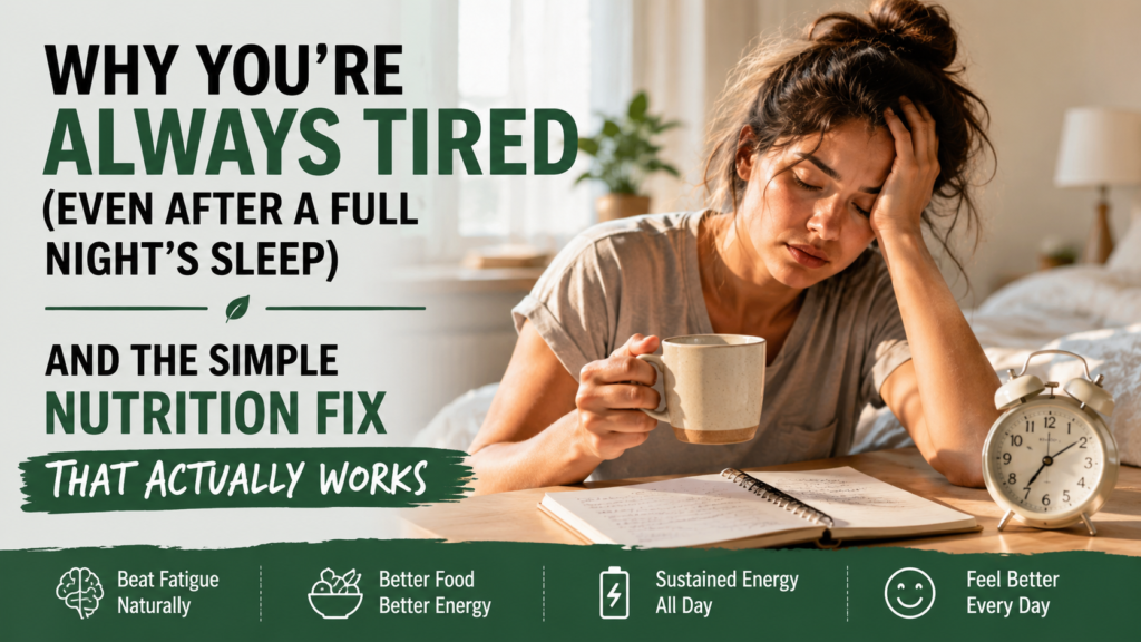 Person looking exhausted after a full night's sleep while holding a coffee mug in a bright bedroom, illustrating how nutrition and healthy eating habits can improve energy levels, reduce fatigue, and support lasting daily energy naturally.