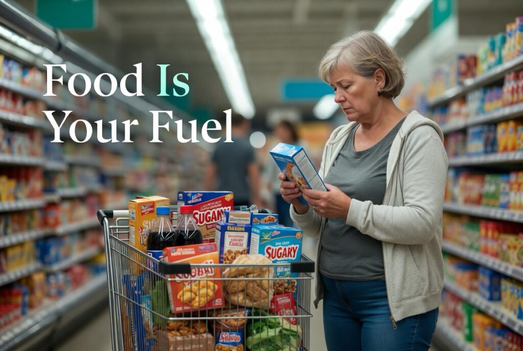 Tired shopper choosing unhealthy foods in American supermarket