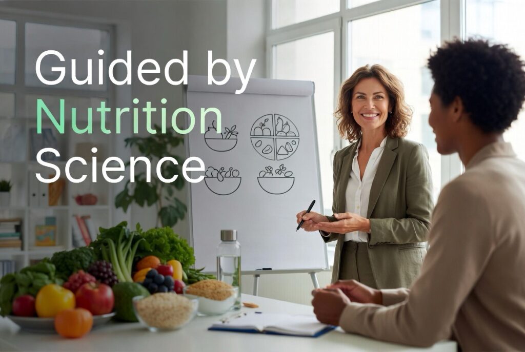 Nutrition expert explaining healthy eating plan to adult client