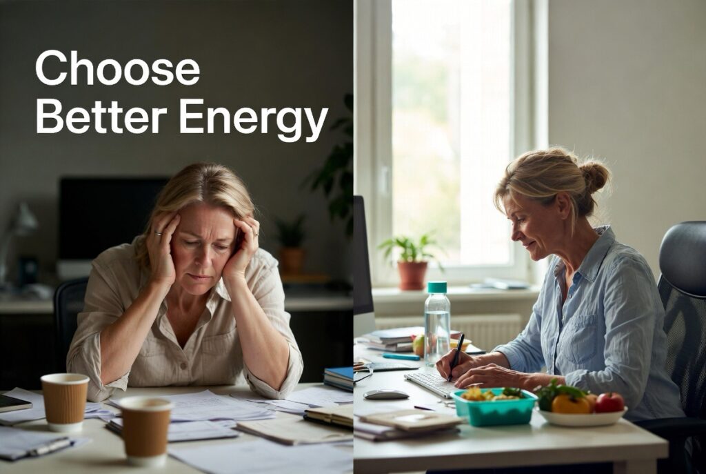 Office worker gaining steady energy through healthier eating habits
