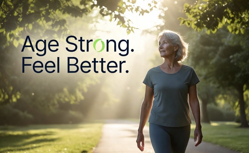 Healthy American adult walking outdoors supporting natural energy and healthy aging