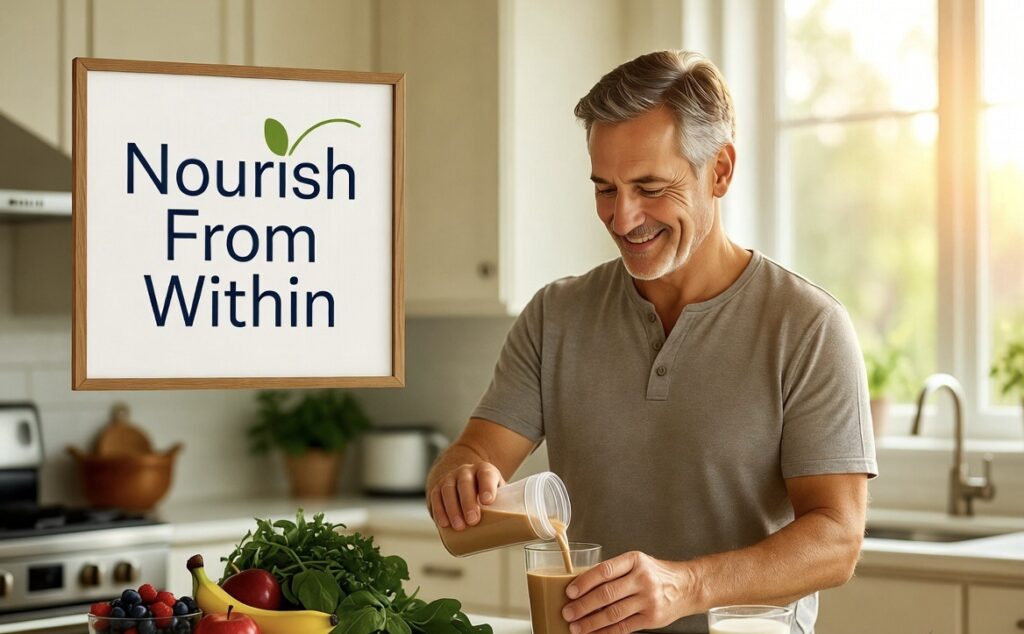 American adult preparing nutritious daily wellness drink for natural energy support