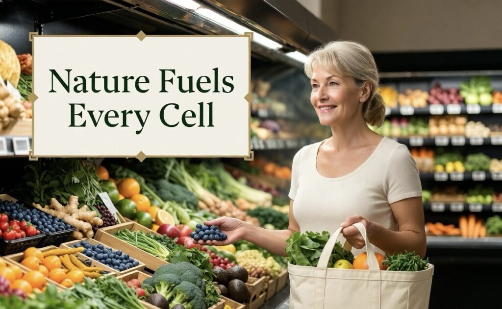 American woman choosing colorful superfoods for healthy daily nutrition support