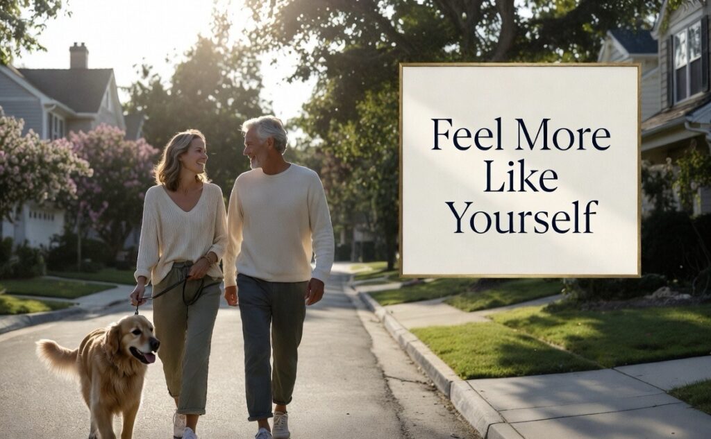 Active American couple enjoying renewed energy during morning neighborhood walk