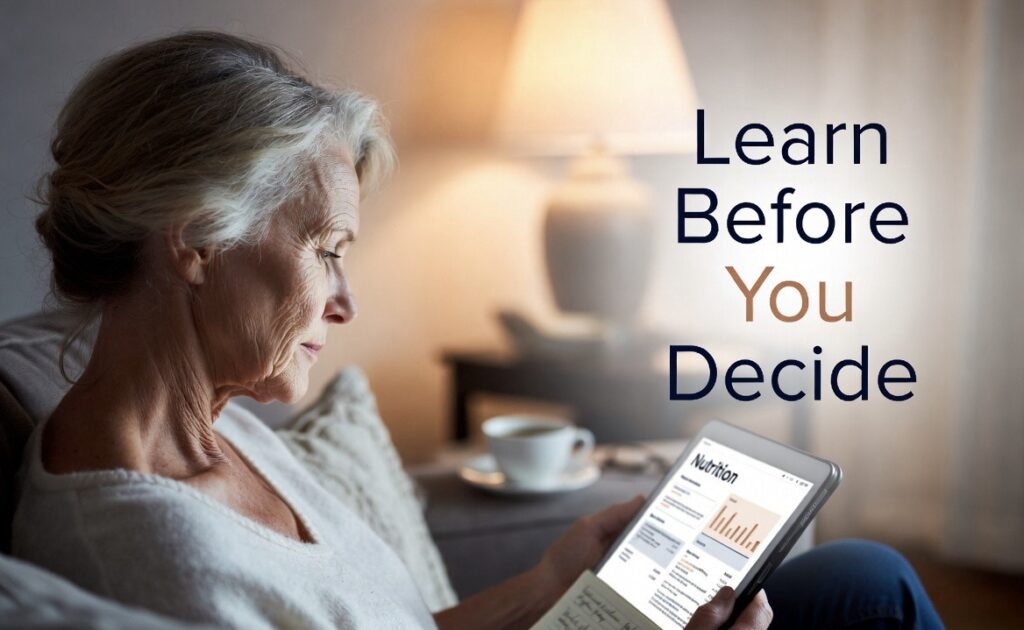American woman reviewing wellness information before making an informed health decision