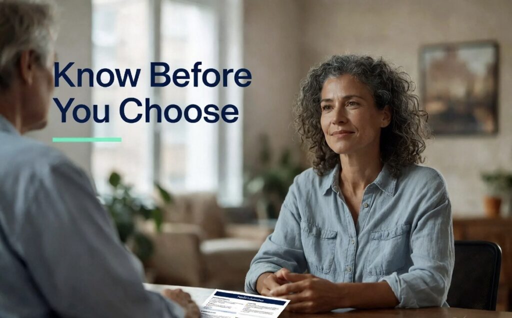 American woman consulting healthcare professional before choosing dietary supplements