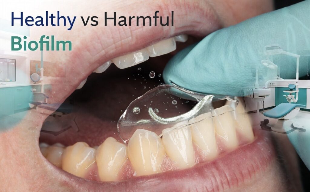 Healthy oral biofilm forming naturally on human teeth