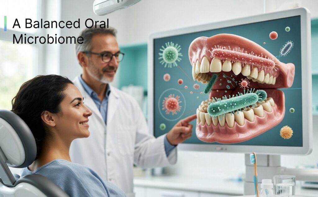 Dentist explaining balanced oral microbiome and healthy bacteria