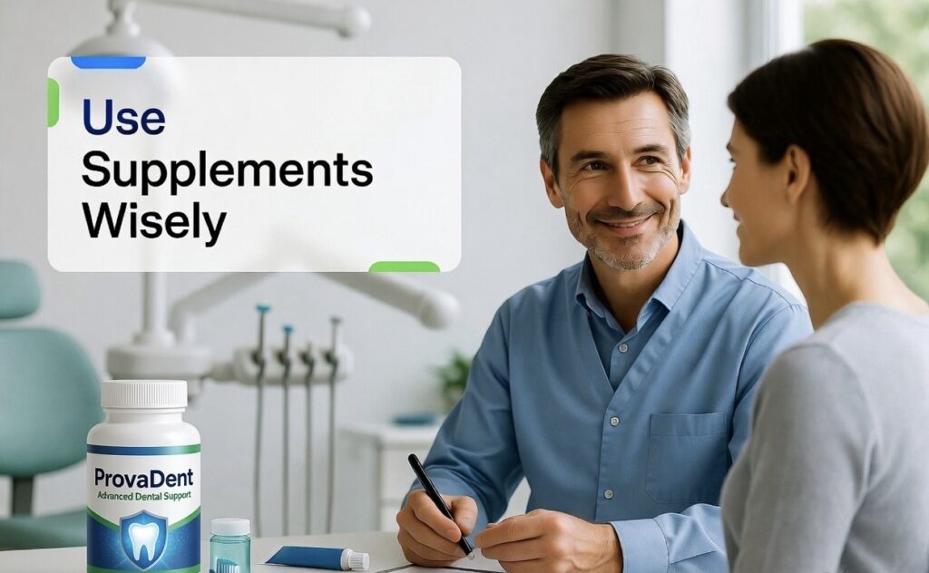 Dentist advising safe oral supplement use and care