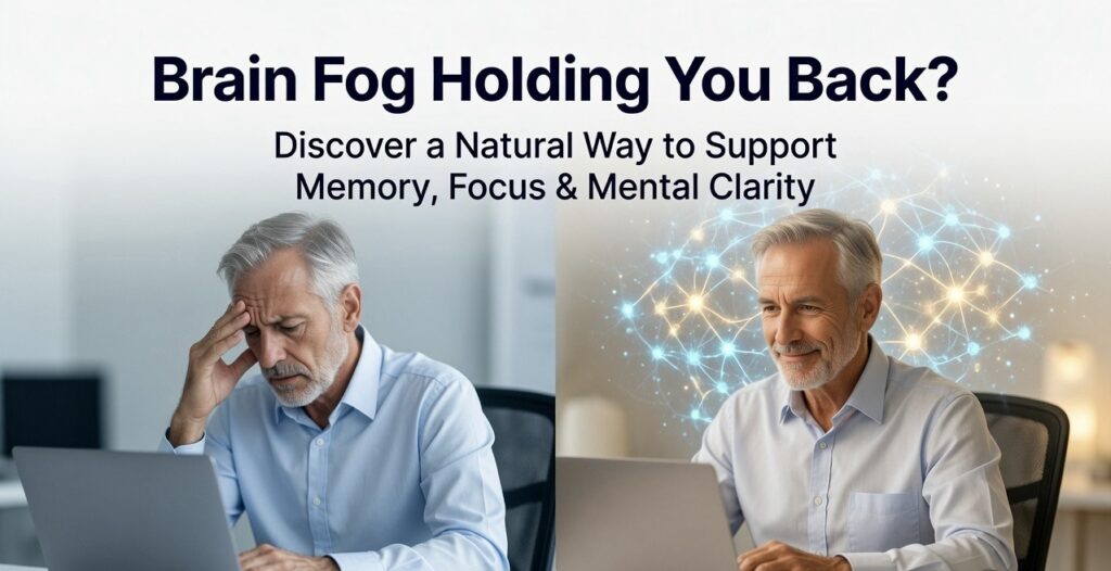 Man experiencing brain fog and memory loss while working on a laptop, realistic before and after transformation showing improved focus, mental clarity, healthy brain support concept, natural cognitive wellness, productivity improvement, affiliate landing page hero banner, modern healthcare design, 16:9 photorealistic image.